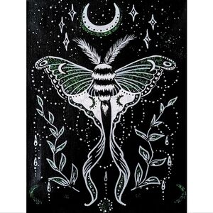 Magical Luna Moth Painting | 9x12" Black Canvas | White Ink + Sparkling Green